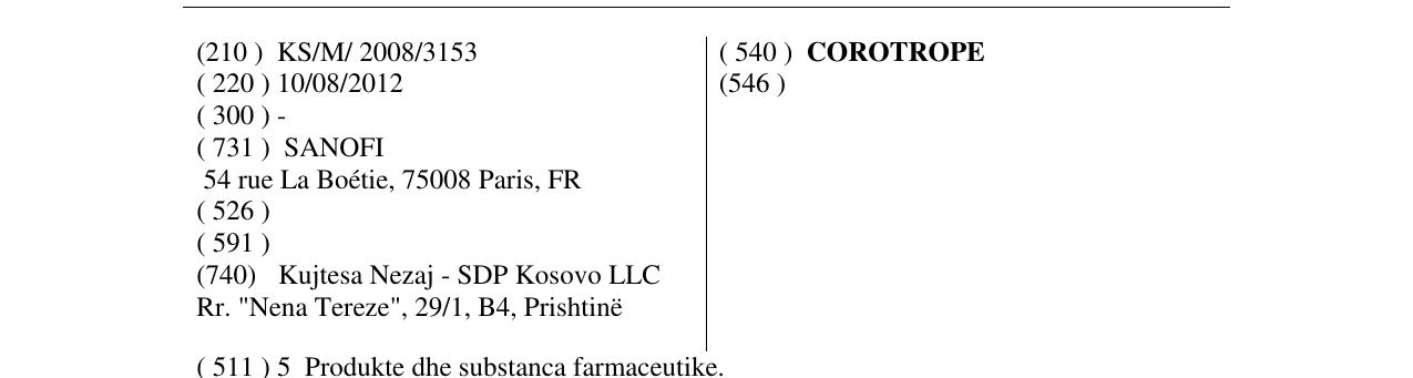 Zëri i markës COROTROPE në buletin