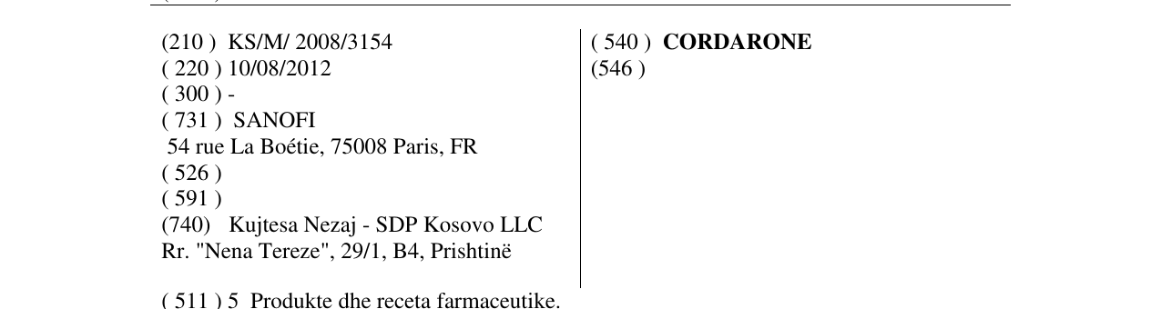Zëri i markës CORDARONE në buletin