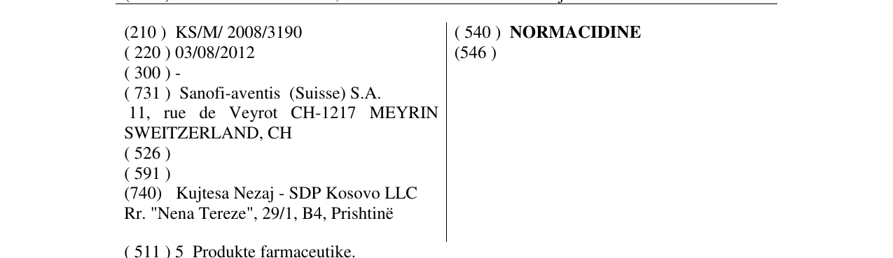 Zëri i markës NORMACIDINE në buletin
