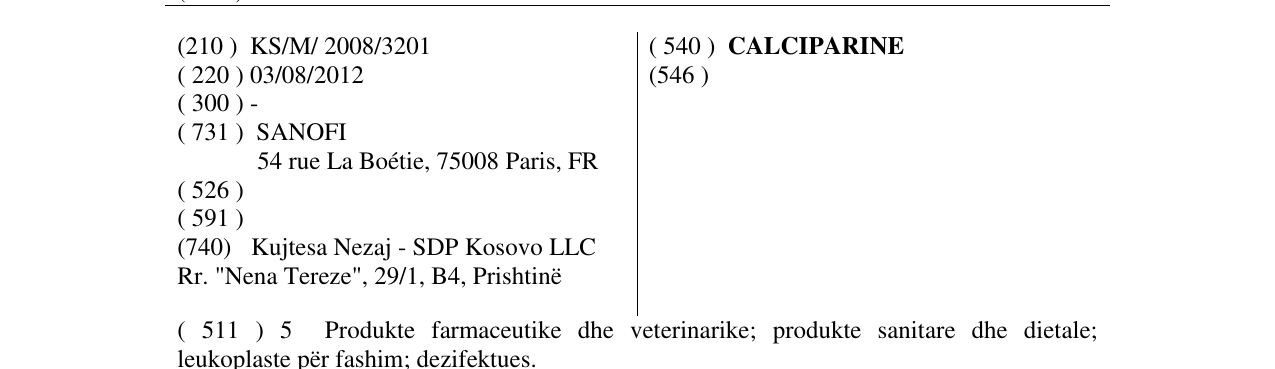 Zëri i markës CALCIPARINE në buletin