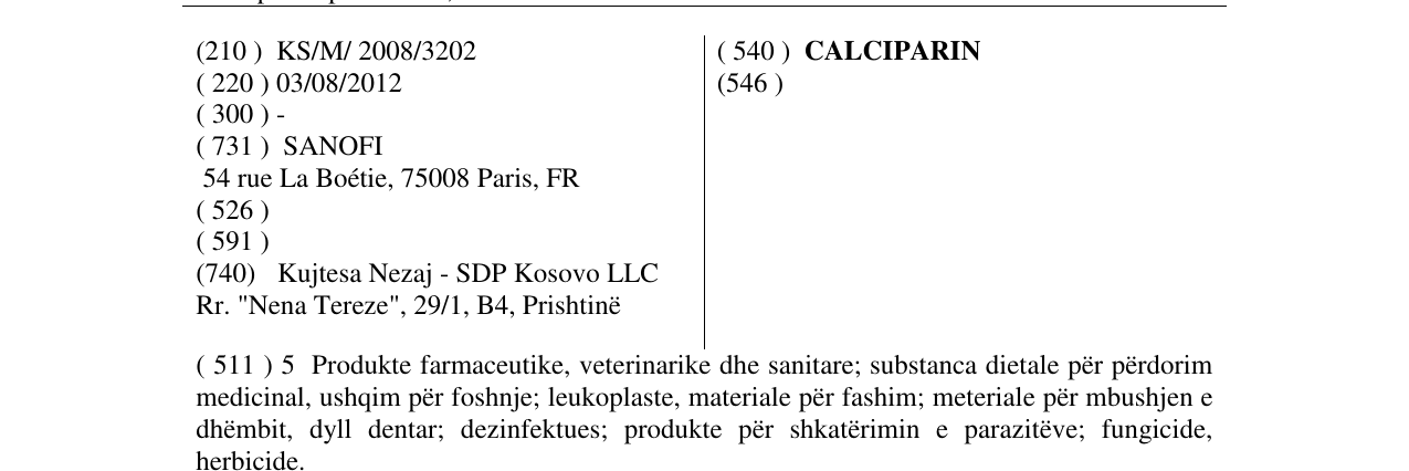Zëri i markës CALCIPARIN në buletin