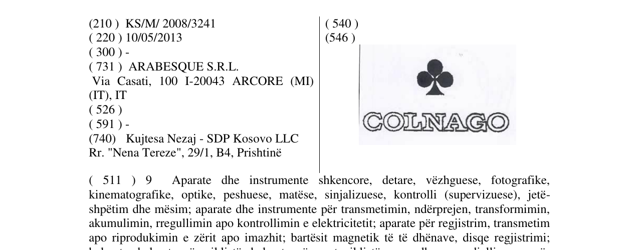 Zëri i markës COLNAGO në buletin
