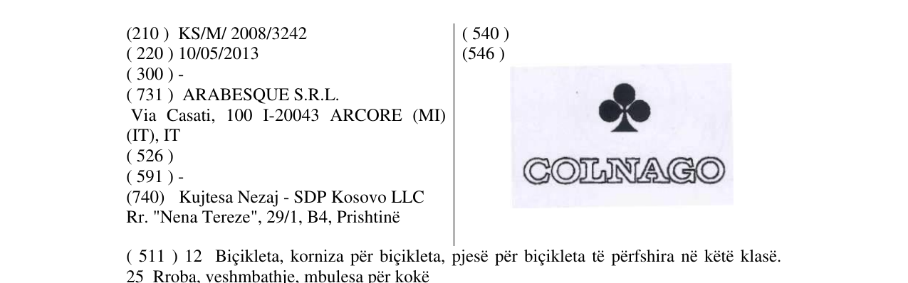 Zëri i markës COLNAGO në buletin