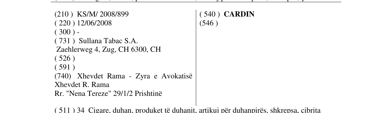 Zëri i markës CARDIN në buletin
