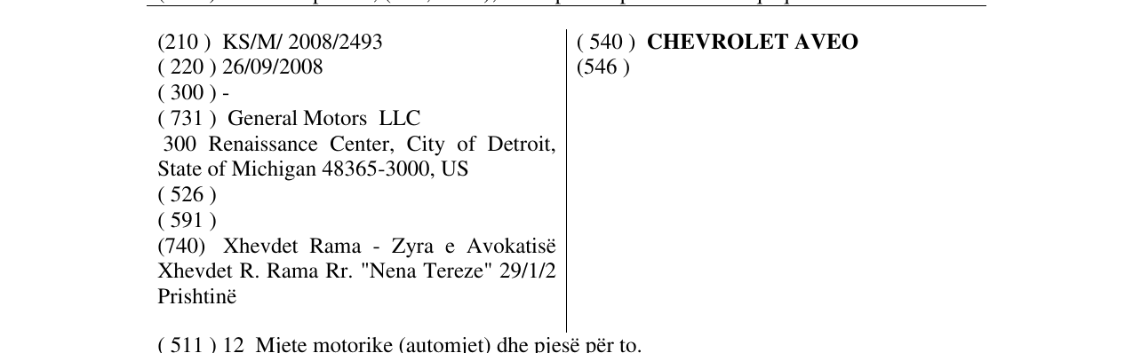 Zëri i markës CHEVROLET AVEO në buletin