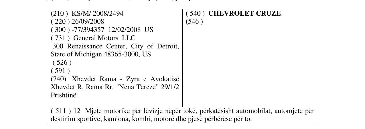 Zëri i markës CHEVROLET CRUZE në buletin