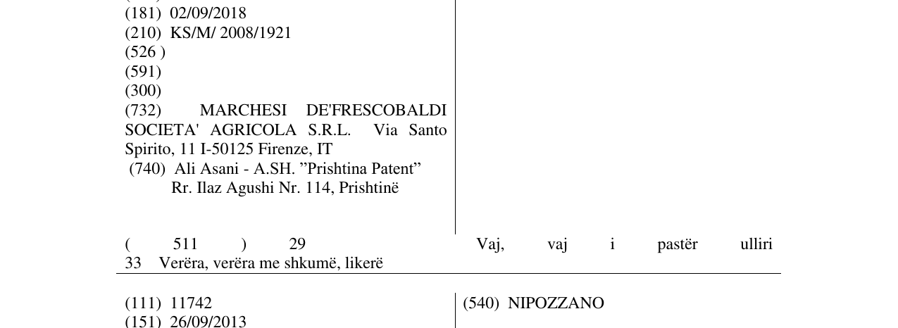 Zëri i markës FRESCOBALDI në buletin