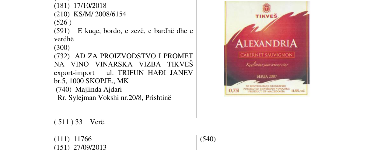 Zëri i markës ALEXANDRIA në buletin