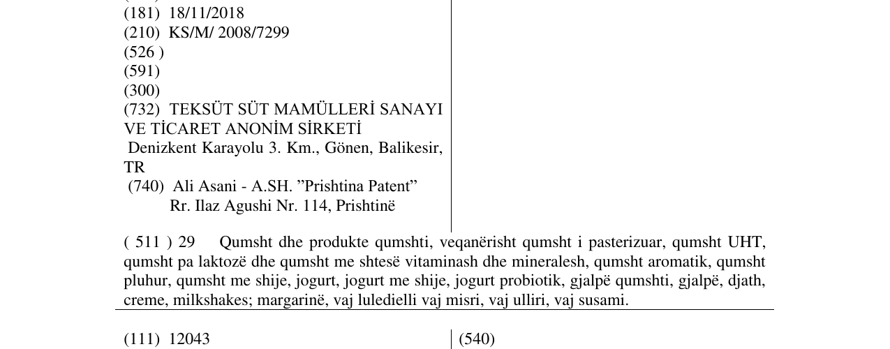 Der Eintrag der Marke TEKSÜT im Bulletin