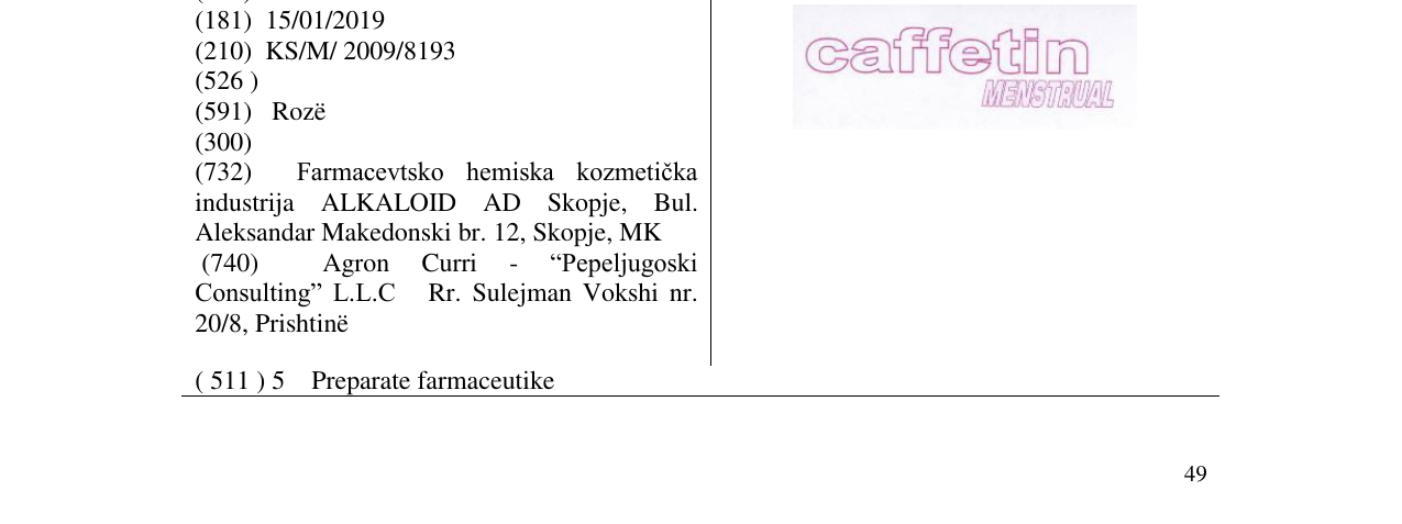 Zëri i markës caffetin MENSTRUAL në buletin