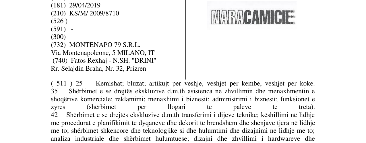 Zëri i markës NARA CAMICIE në buletin