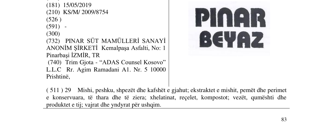 Zëri i markës PINAR BEYAZ në buletin