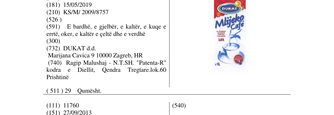 Zëri i markës Mlijeko Cafe në buletin