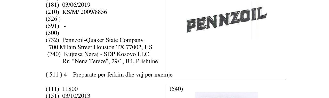 Zëri i markës PENNZOIL në buletin