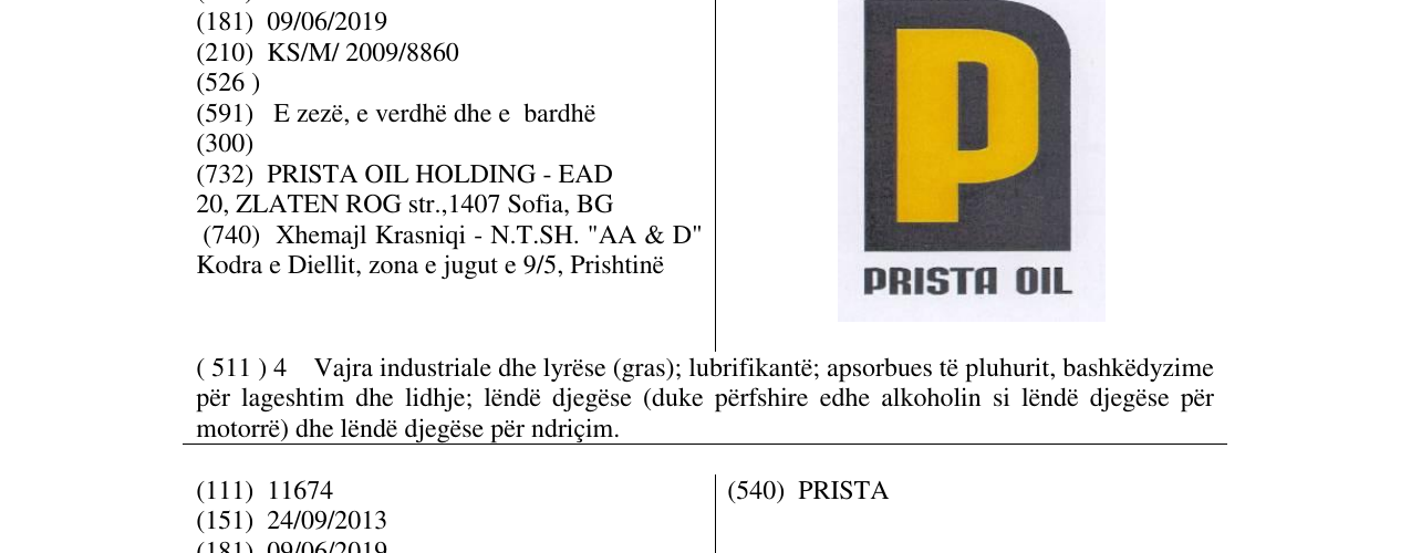 Zëri i markës PRISTA OIL në buletin