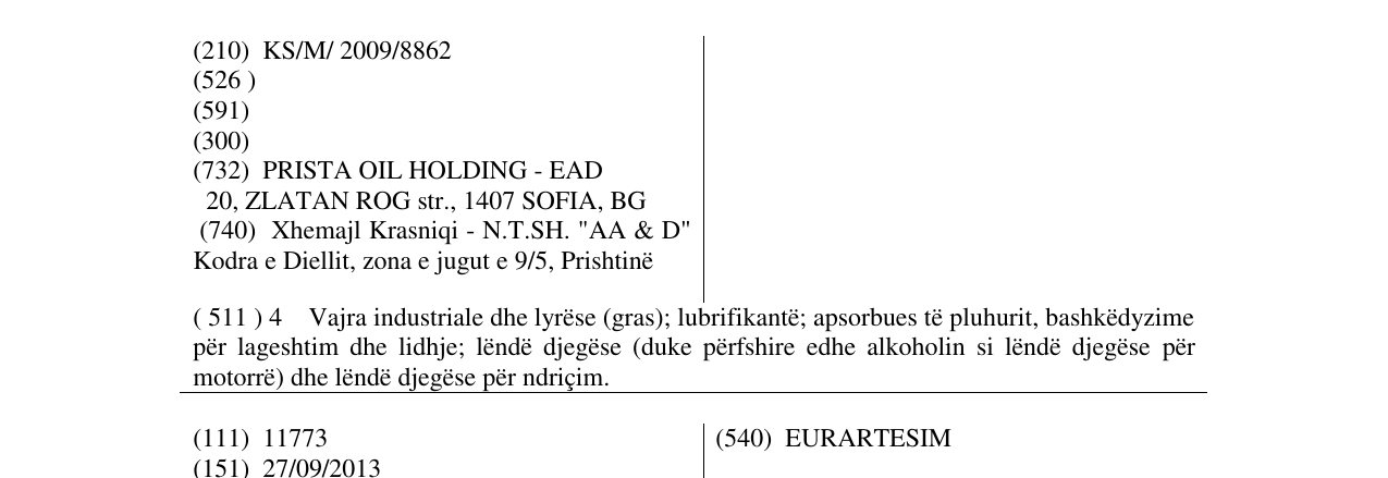 Zëri i markës PRISTA në buletin