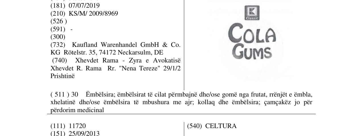 Zëri i markës COLA GUMS në buletin