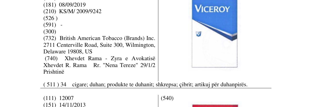 Zëri i markës VICEROY në buletin
