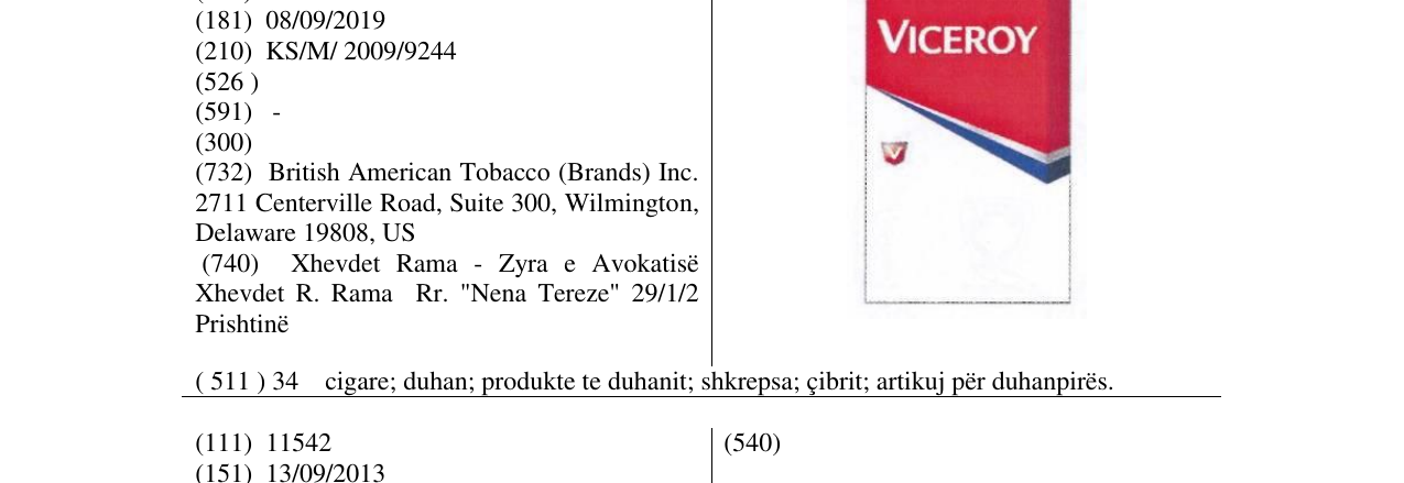 Zëri i markës VICEROY në buletin