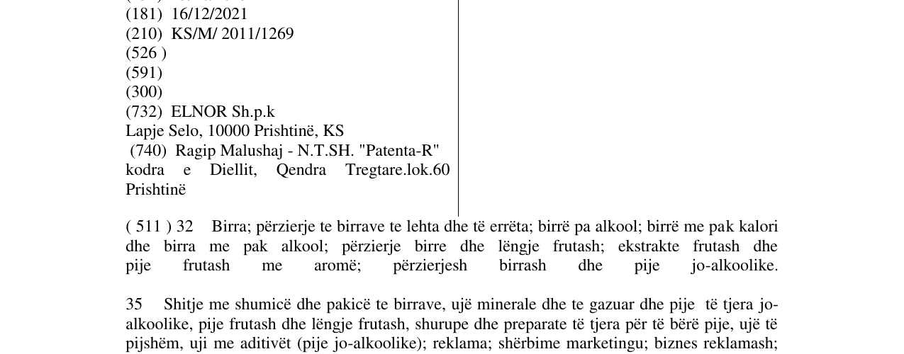 Zëri i markës BIRRA PRISHTINA në buletin