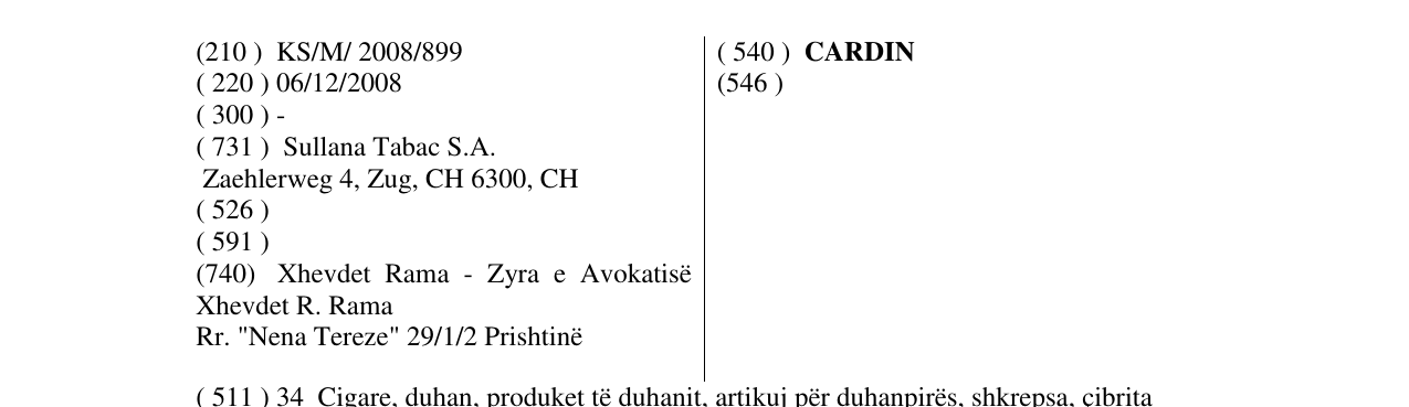 Zëri i markës CARDIN në buletin