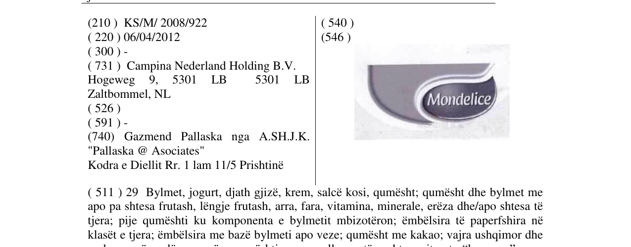 Zëri i markës Mondelice në buletin