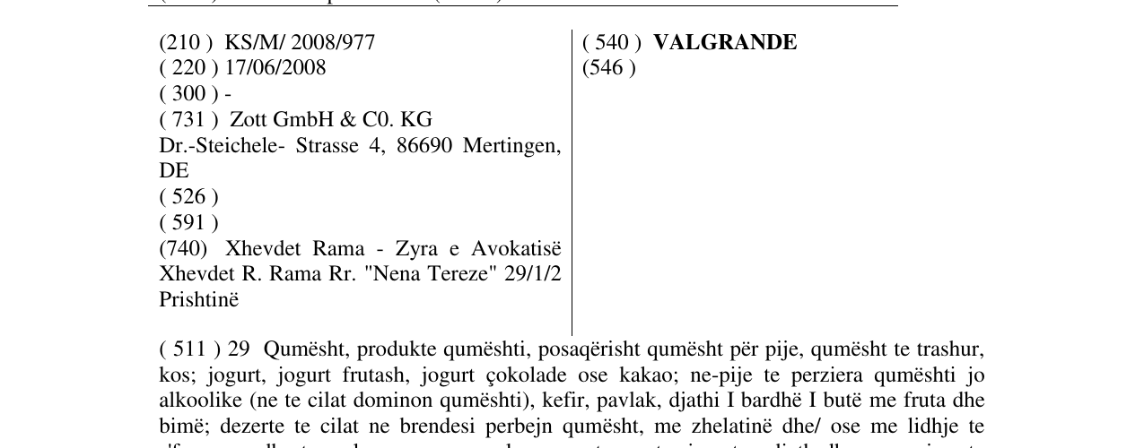 Zëri i markës VALGRANDE në buletin
