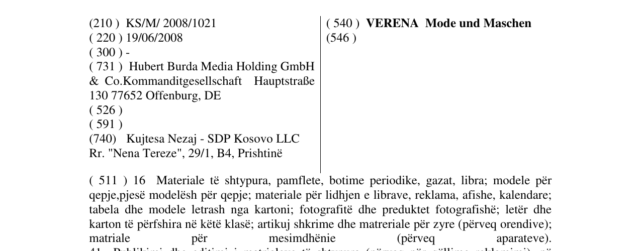 Zëri i markës VERENA Mode und Maschen në buletin