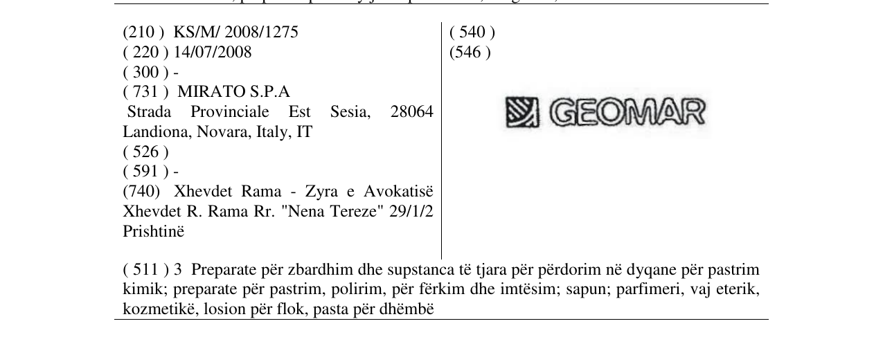 Zëri i markës GEOMAR -FIG. në buletin
