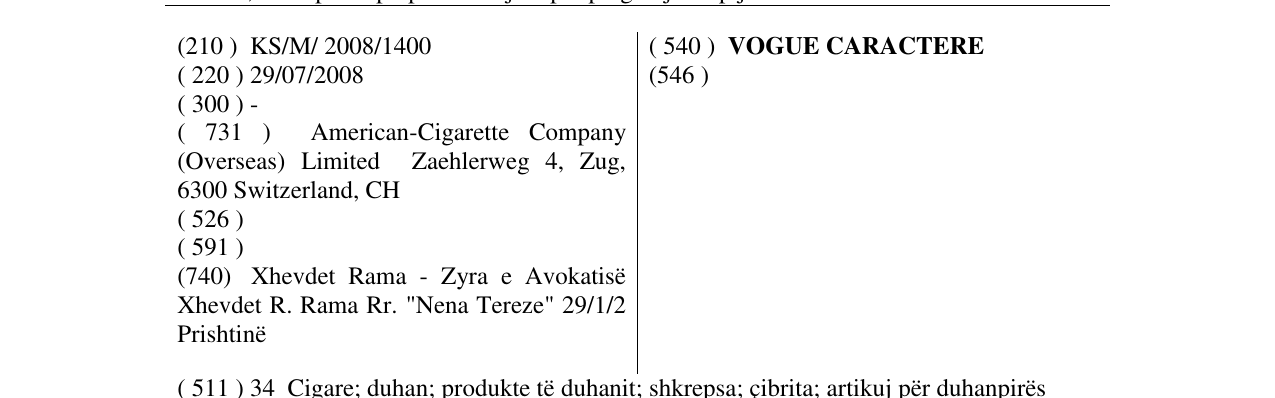 Zëri i markës VOGUE CARACTERE në buletin