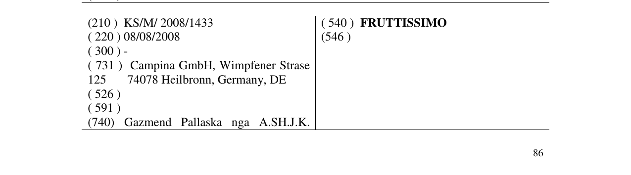 Zëri i markës FRUTTISSIMO në buletin