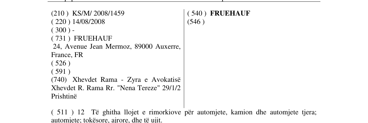 The entry of the trademark FRUEHAUF in the bulletin