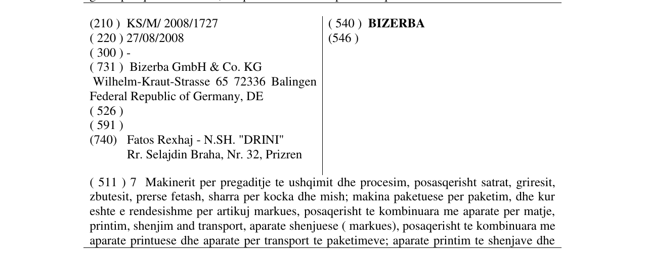Zëri i markës BIZERBA në buletin