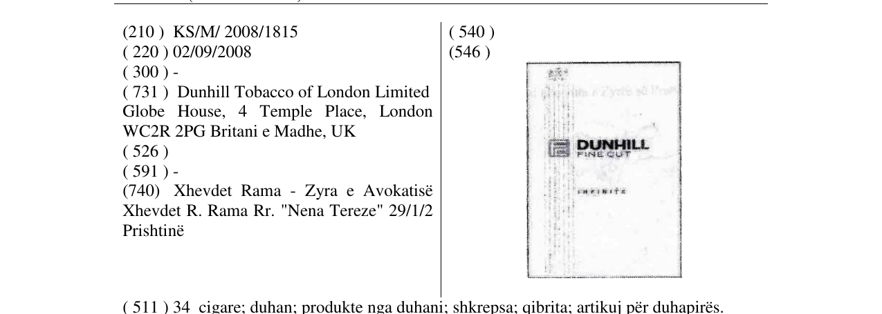 Zëri i markës DUNHILL FINE CUT INFINITE (LABEL) në buletin