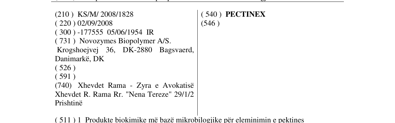 Zëri i markës PECTINEX në buletin