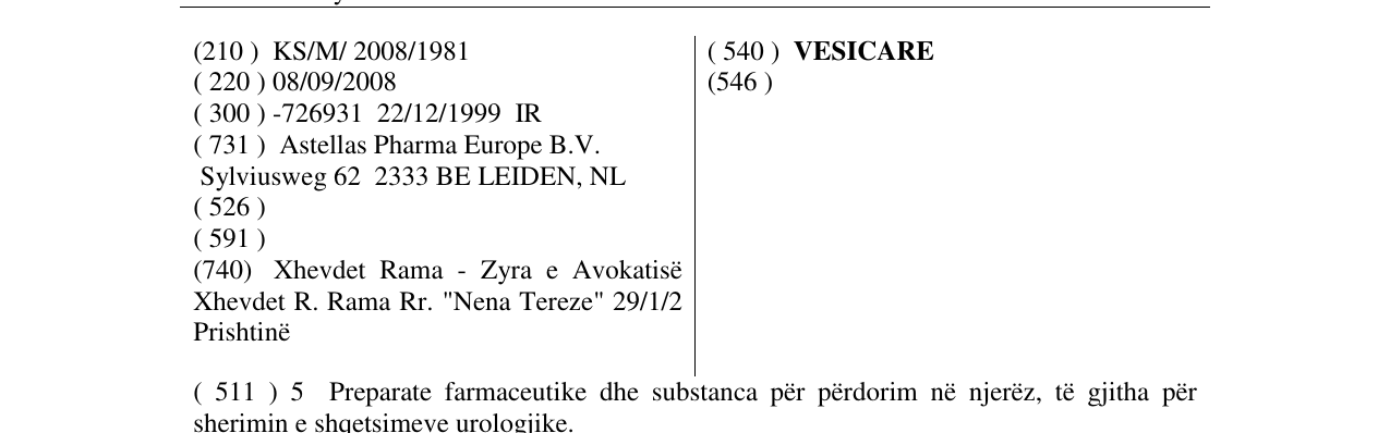 Zëri i markës VESICARE në buletin