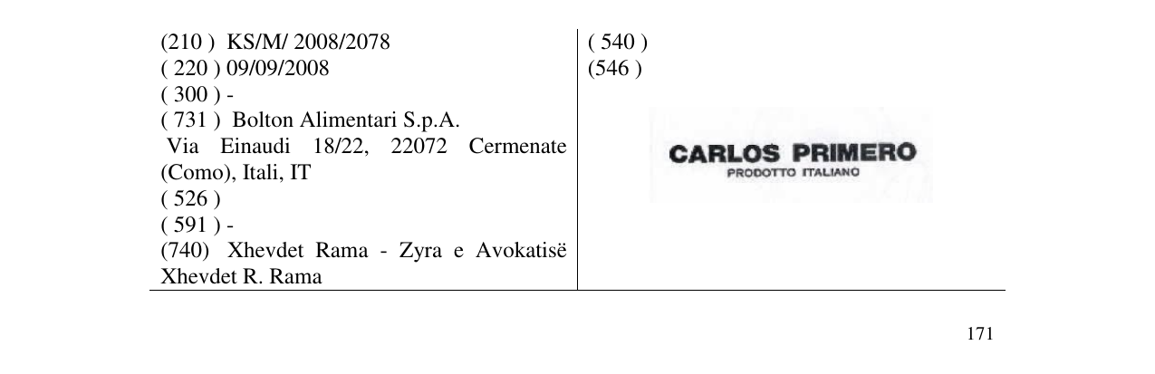 Zëri i markës CARLOS PRIMERO PRODOTTO ITALIANO në buletin