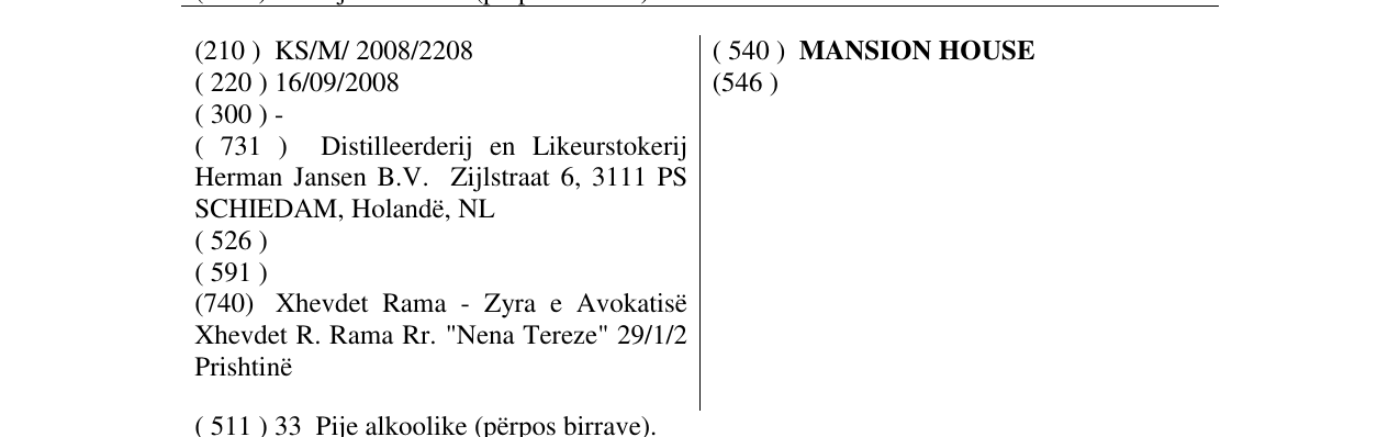 Zëri i markës MANSION HOUSE në buletin