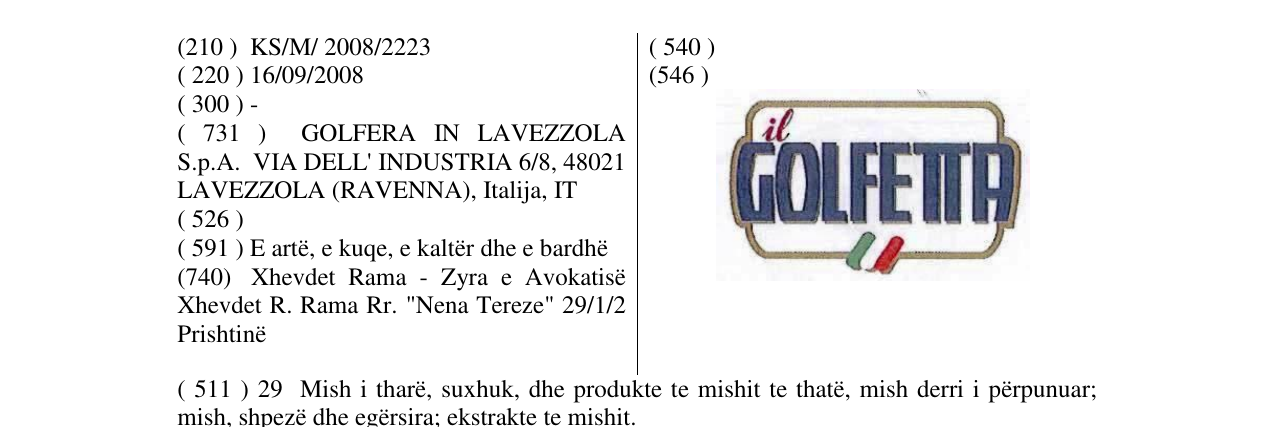 Zëri i markës il GOLFETTA and device në buletin
