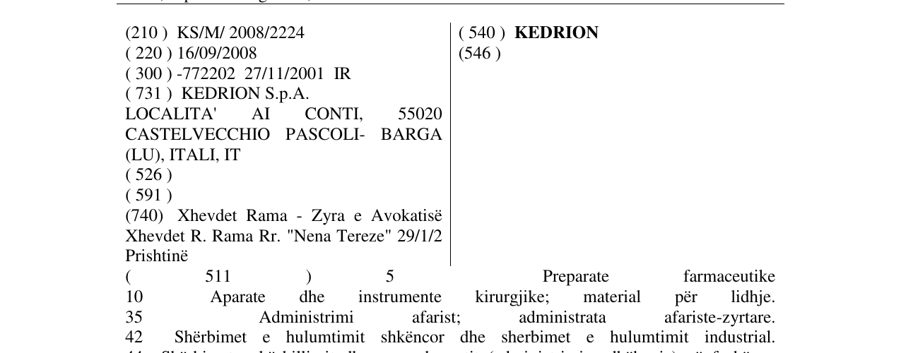 Zëri i markës KEDRION në buletin