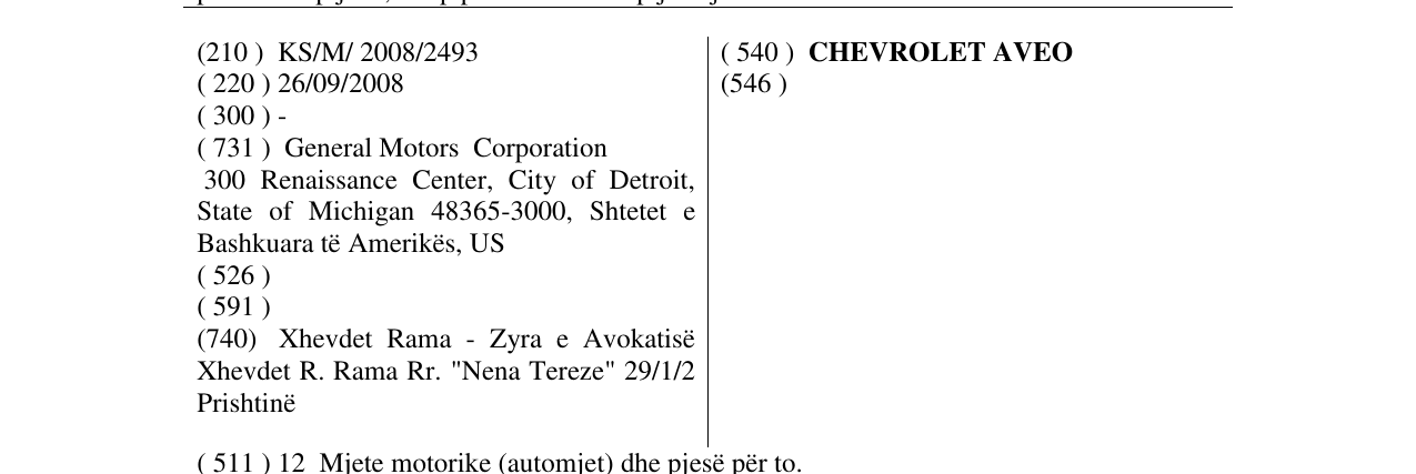 Zëri i markës CHEVROLET AVEO në buletin