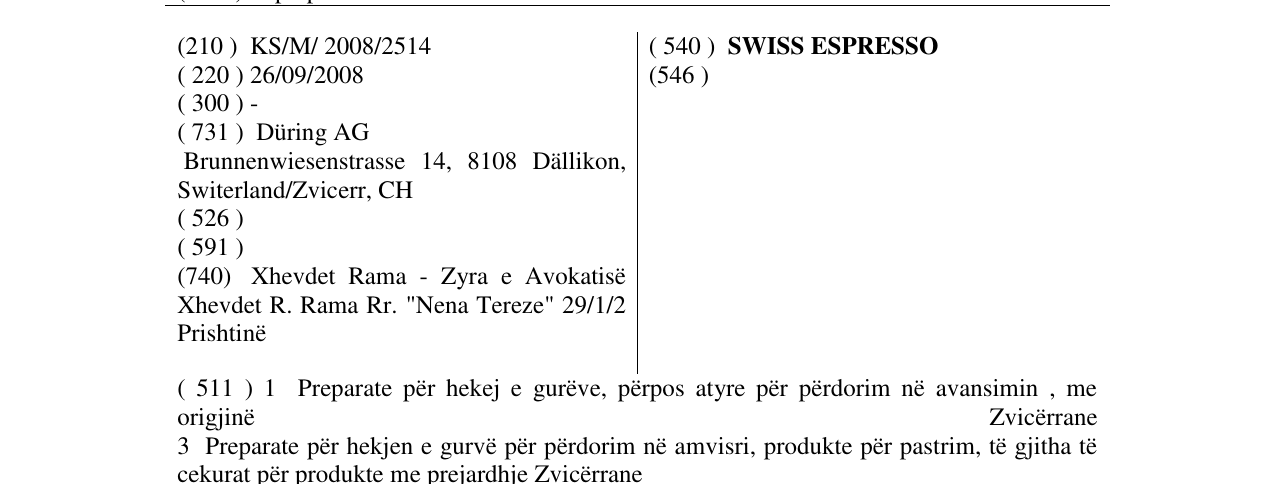 Zëri i markës SWISS ESPRESSO në buletin