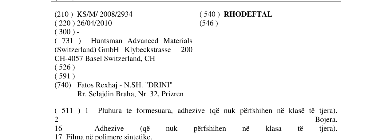 Zëri i markës RHODEFTAL në buletin