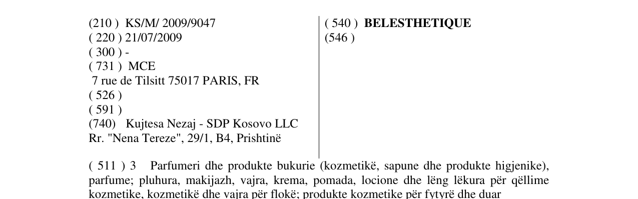 Zëri i markës BELESTHETIQUE në buletin