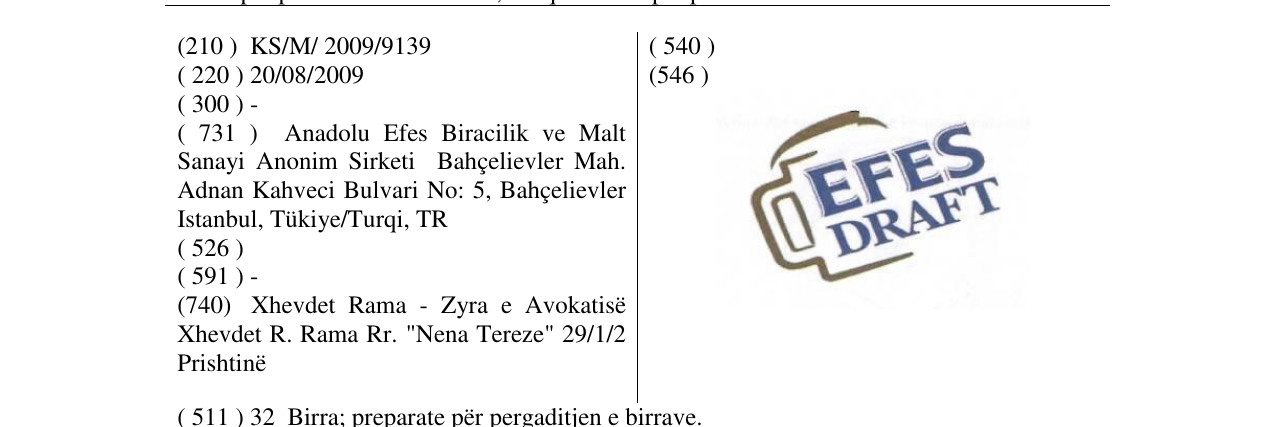 Zëri i markës EFES DRAFT në buletin