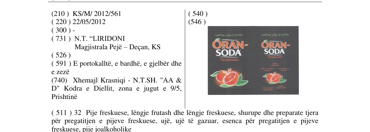 Zëri i markës Oran Soda në buletin