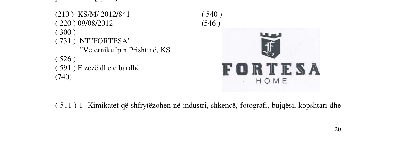 Zëri i markës F FORTESA HOME në buletin