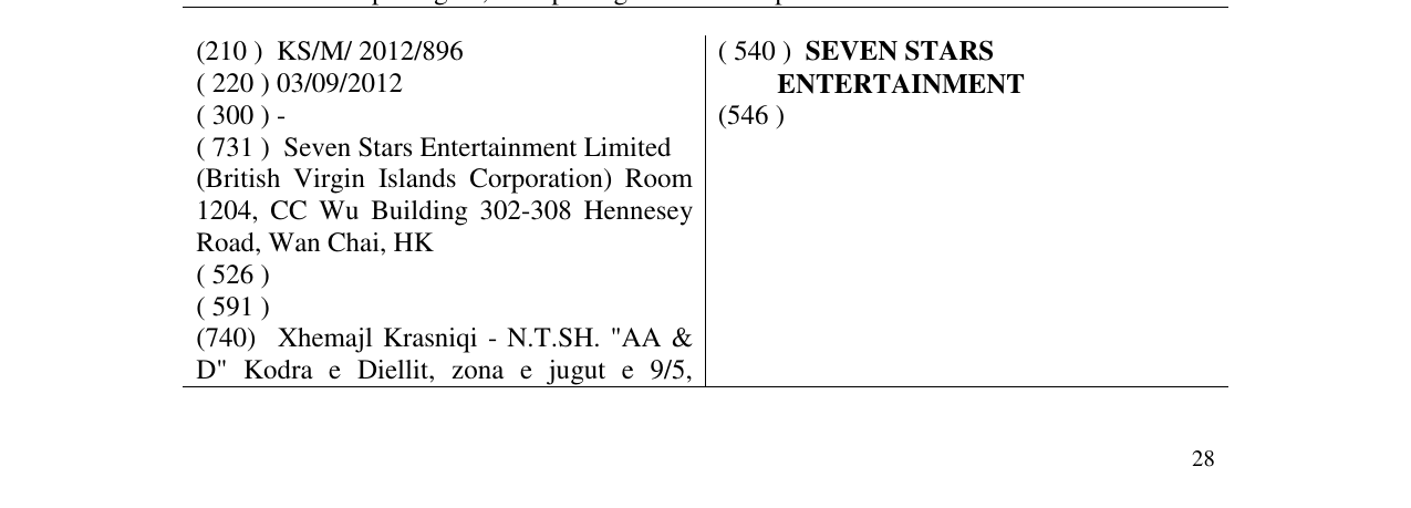 Zëri i markës SEVEN STARS ENTERTAINMENT në buletin