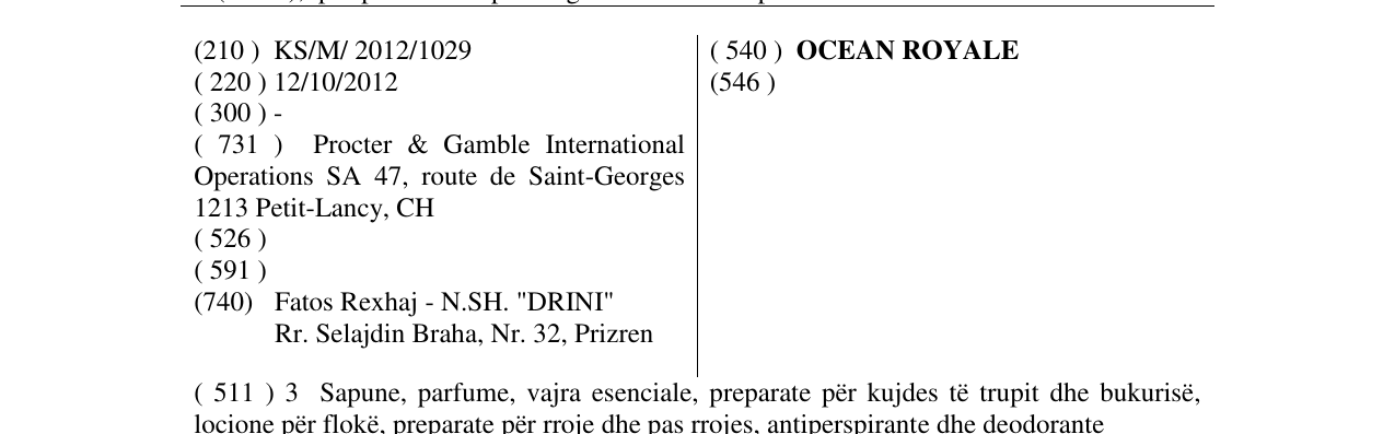 Zëri i markës OCEAN ROYALE në buletin