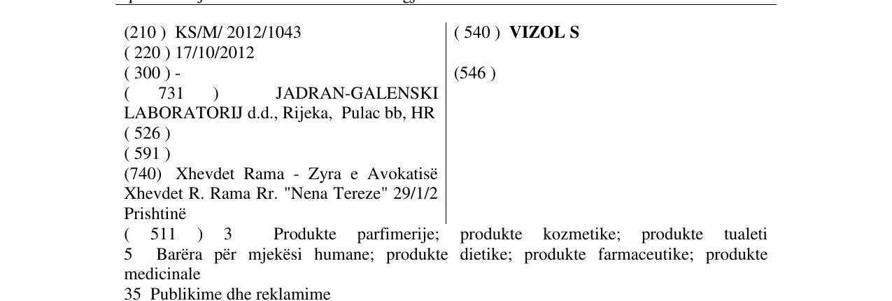 Zëri i markës VIZOL S në buletin